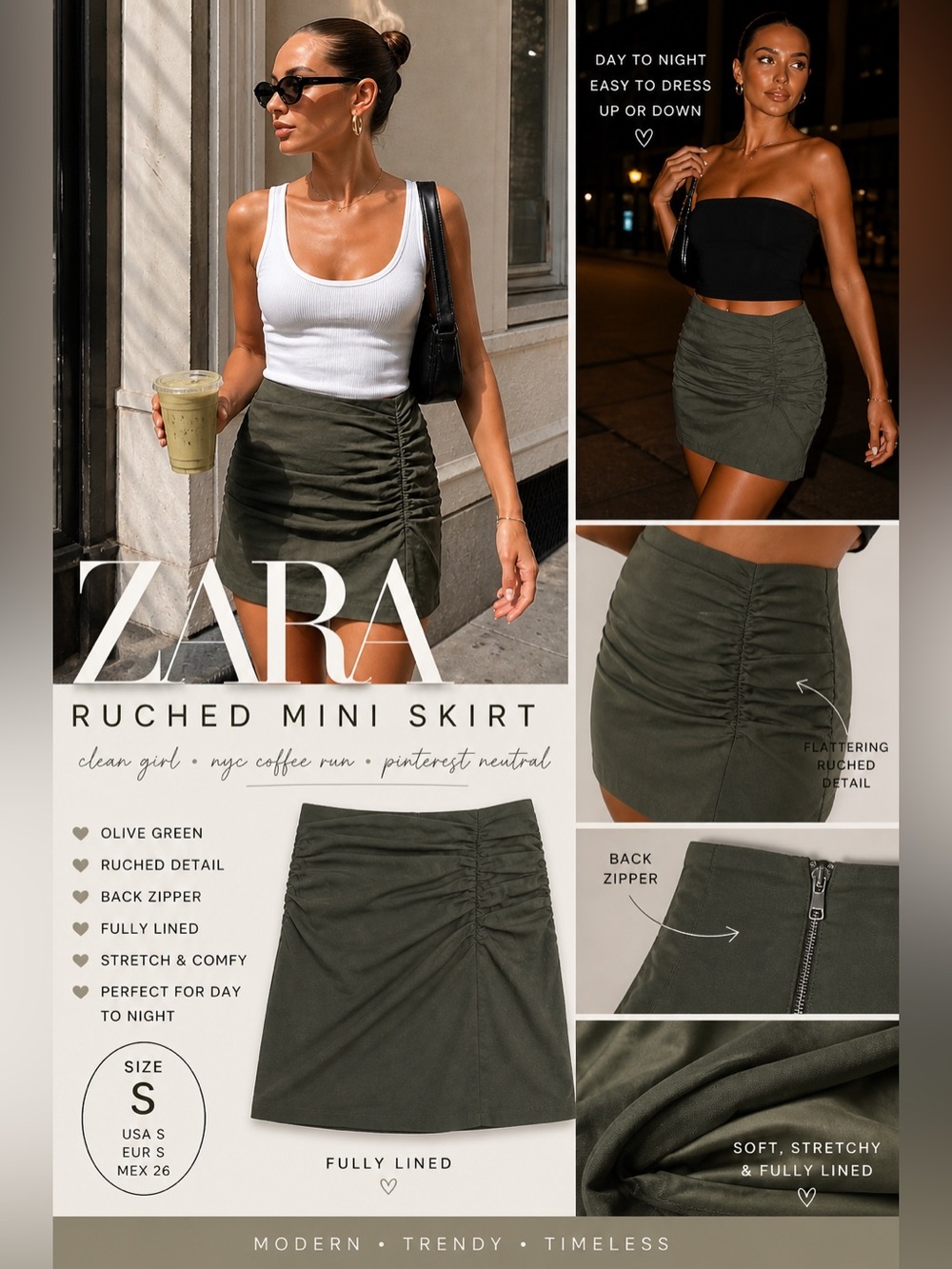 ZARA Olive Green Ruched Mini Skirt Size S Stretch Bodycon